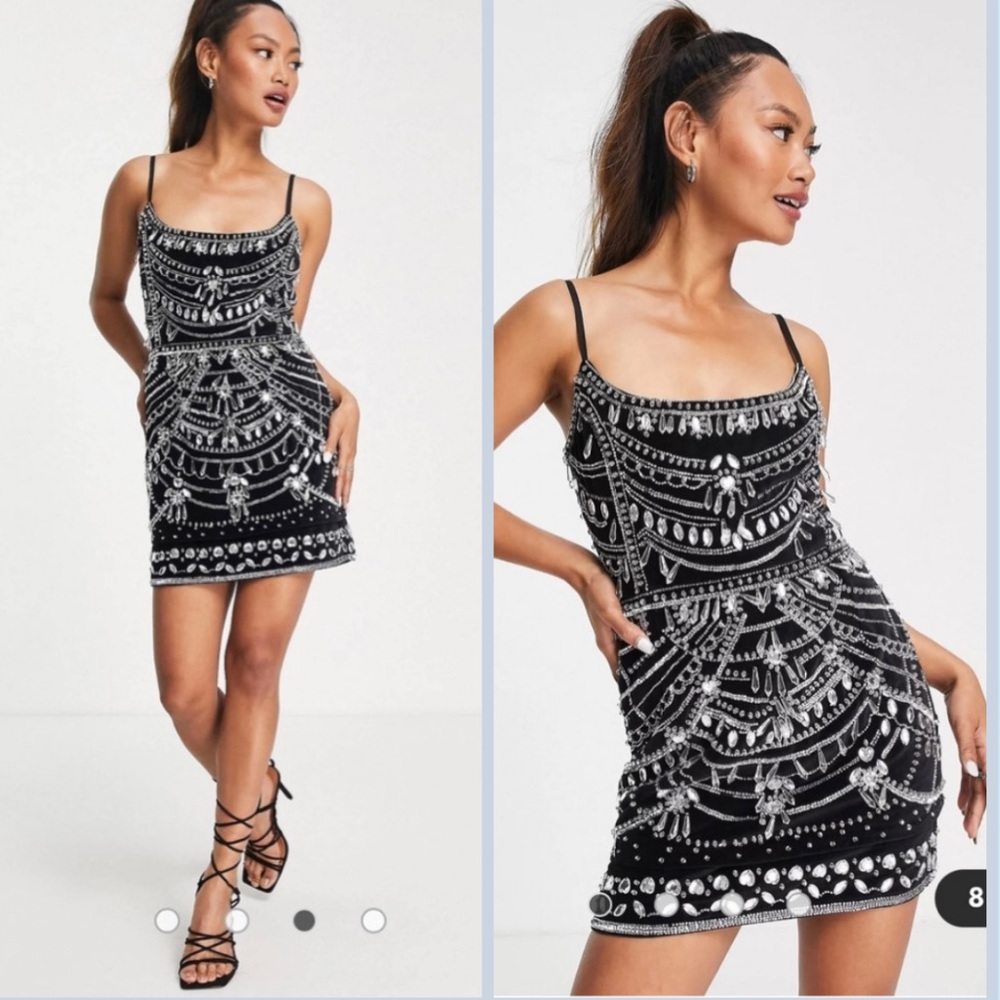 NWT ASOS black velvet silver bejeweled art deco corset embellished mini dress 12